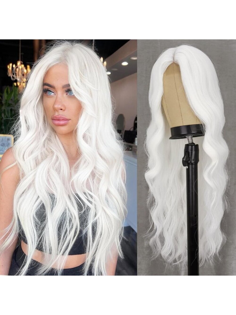 Women's White 26 Inch Natural Synthetic Modern Long Curly Wavy Fiber Wigs